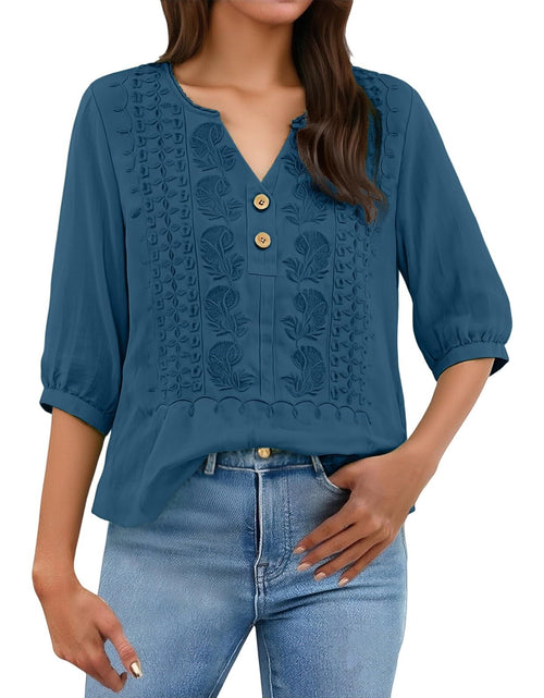Load image into Gallery viewer, Embroidered Linen Shirts for Women 3/4 Sleeve Gauze V Neck Blouses Tops Casual Spring Summer Boho Cotton Clothes
