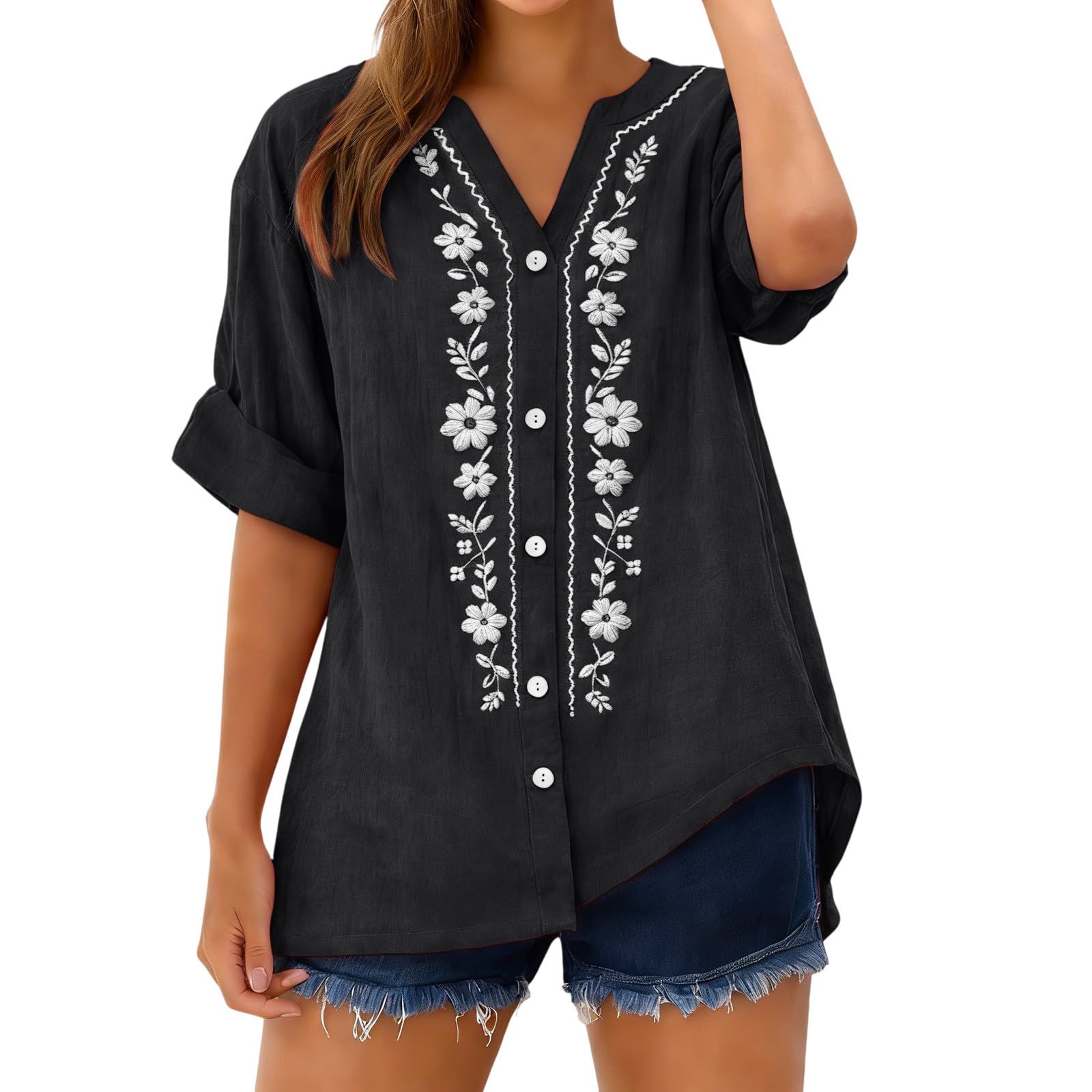 Linen Shirts for Women - Summer Plus Size Embroidered Tops 3/4 Sleeve V Neck Button Blouses Beach Vacation Clothes