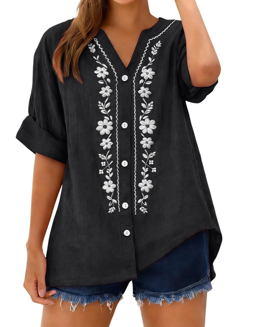 Load image into Gallery viewer, Linen Shirts for Women - Summer Plus Size Embroidered Tops 3/4 Sleeve V Neck Button Blouses Beach Vacation Clothes
