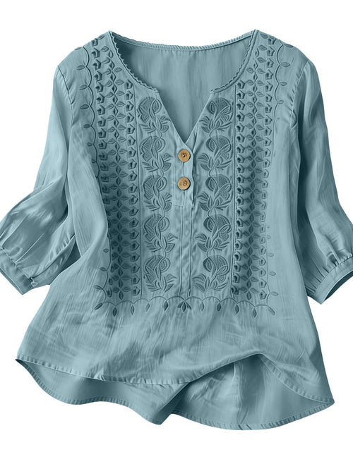 Load image into Gallery viewer, Embroidered Linen Shirts for Women 3/4 Sleeve Gauze V Neck Blouses Tops Casual Spring Summer Boho Cotton Clothes
