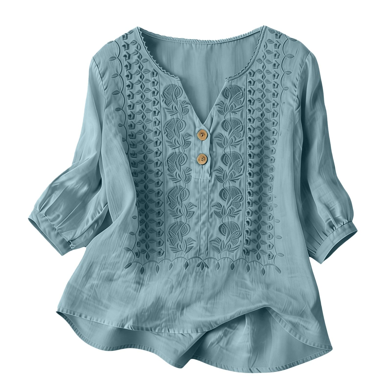 Embroidered Linen Shirts for Women 3/4 Sleeve Gauze V Neck Blouses Tops Casual Spring Summer Boho Cotton Clothes