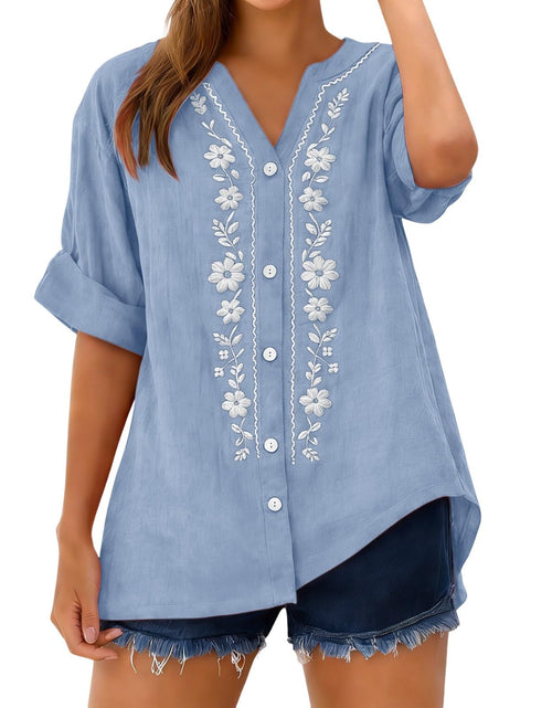 Load image into Gallery viewer, Linen Shirts for Women - Summer Plus Size Embroidered Tops 3/4 Sleeve V Neck Button Blouses Beach Vacation Clothes

