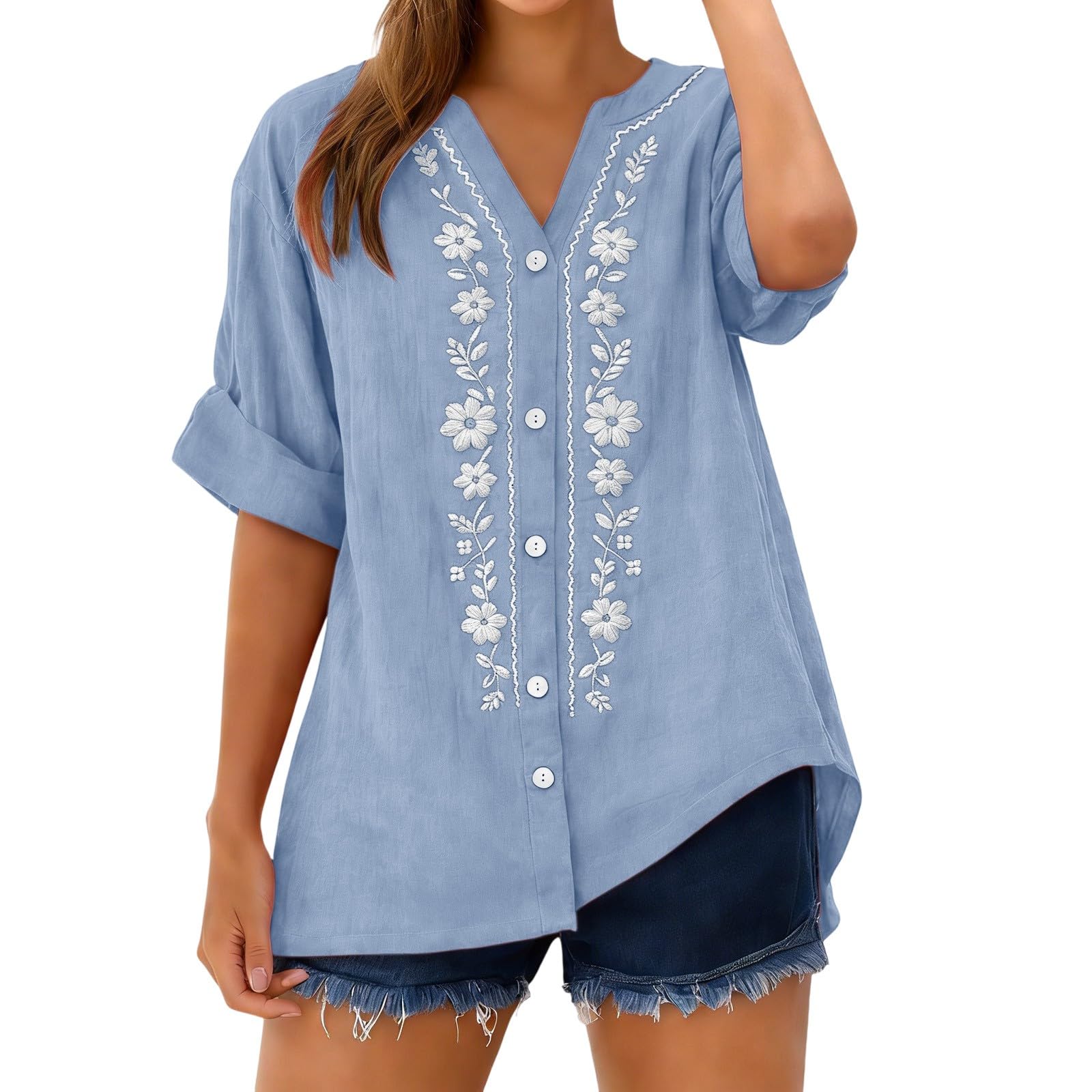 Linen Shirts for Women - Summer Plus Size Embroidered Tops 3/4 Sleeve V Neck Button Blouses Beach Vacation Clothes