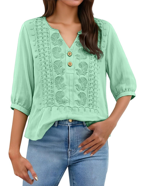 Load image into Gallery viewer, Embroidered Linen Shirts for Women 3/4 Sleeve Gauze V Neck Blouses Tops Casual Spring Summer Boho Cotton Clothes
