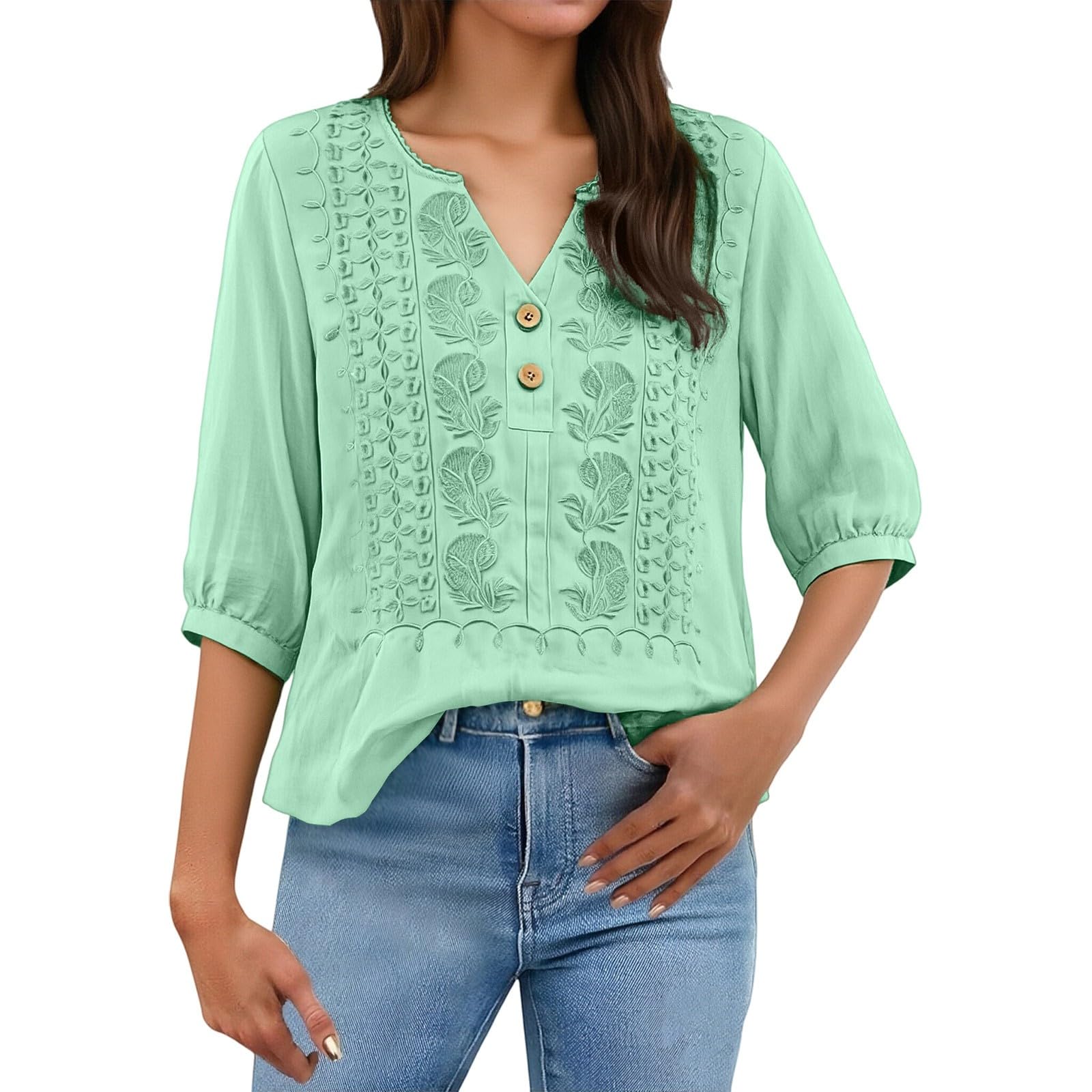 Embroidered Linen Shirts for Women 3/4 Sleeve Gauze V Neck Blouses Tops Casual Spring Summer Boho Cotton Clothes