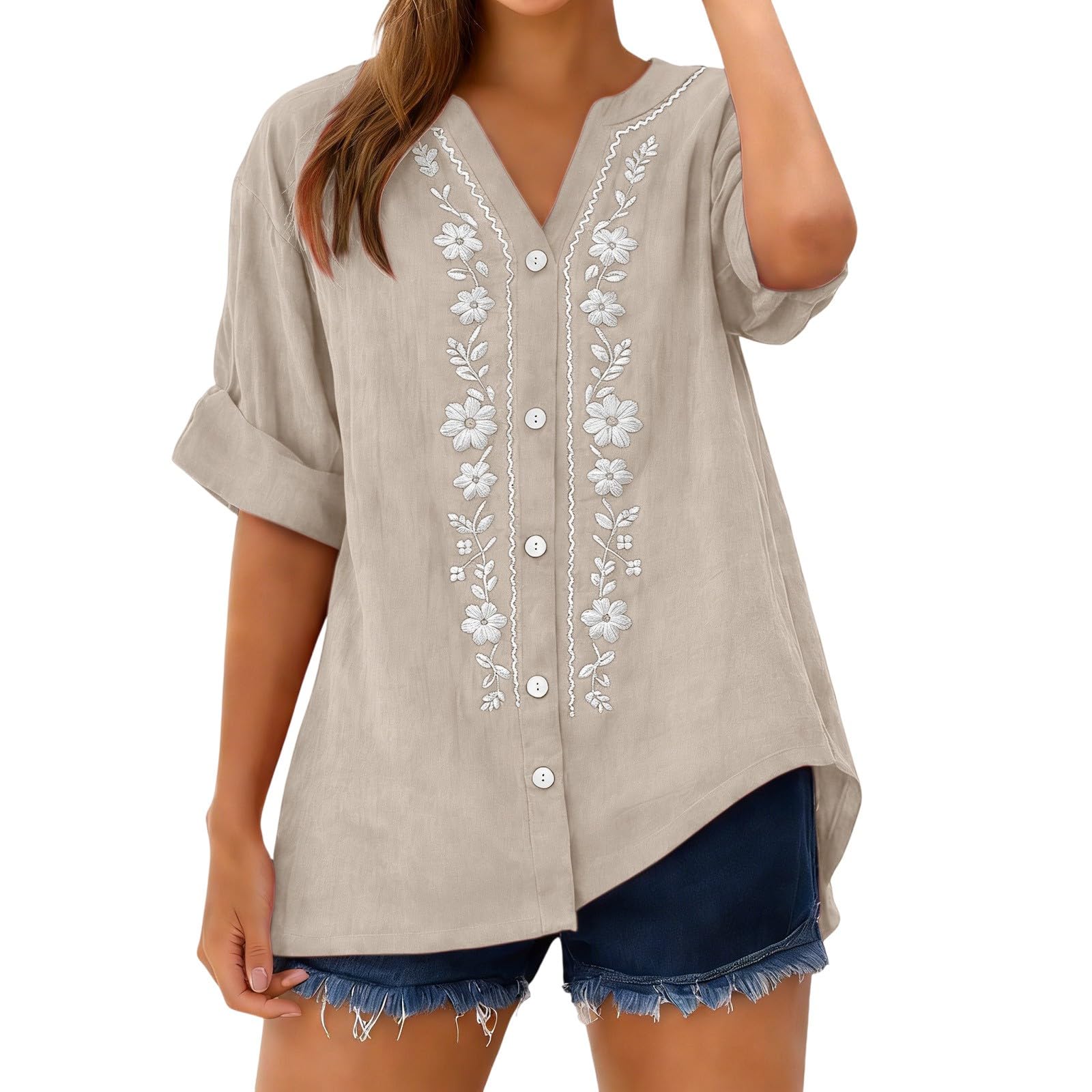 Linen Shirts for Women - Summer Plus Size Embroidered Tops 3/4 Sleeve V Neck Button Blouses Beach Vacation Clothes
