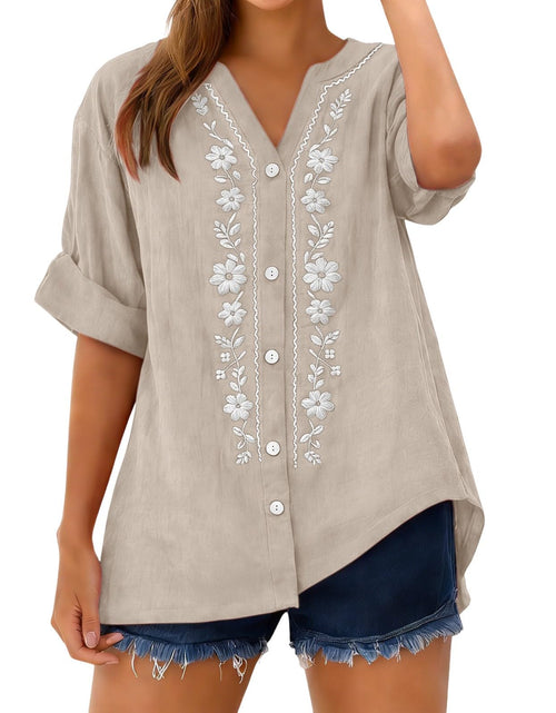 Load image into Gallery viewer, Linen Shirts for Women - Summer Plus Size Embroidered Tops 3/4 Sleeve V Neck Button Blouses Beach Vacation Clothes
