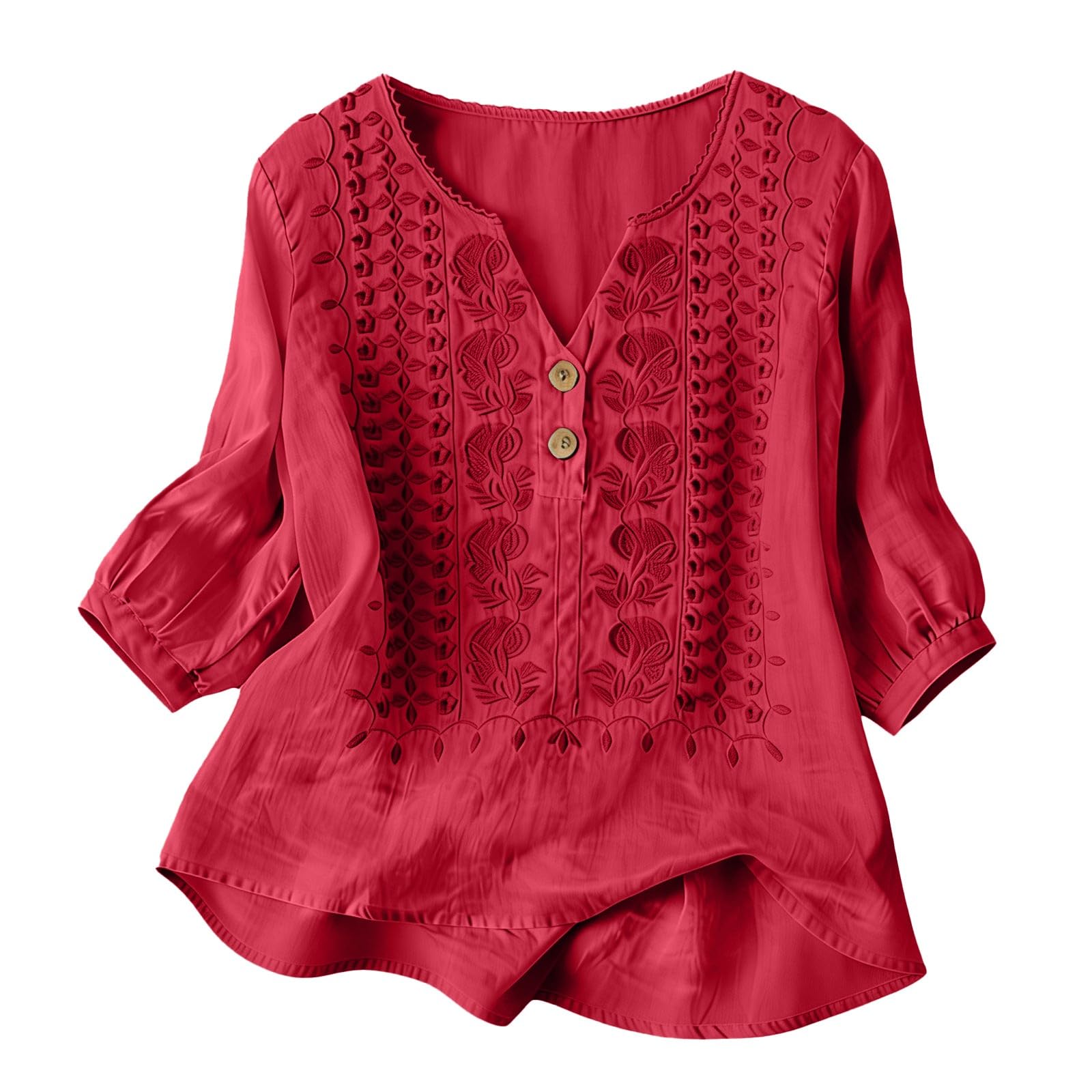 Embroidered Linen Shirts for Women 3/4 Sleeve Gauze V Neck Blouses Tops Casual Spring Summer Boho Cotton Clothes