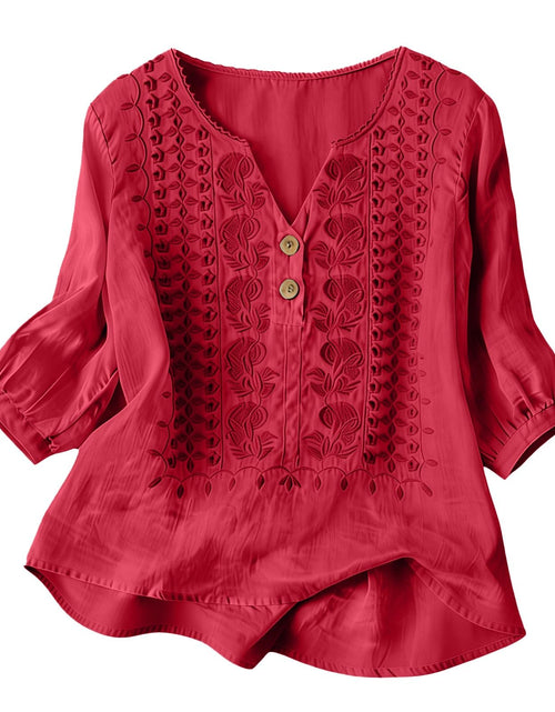 Load image into Gallery viewer, Embroidered Linen Shirts for Women 3/4 Sleeve Gauze V Neck Blouses Tops Casual Spring Summer Boho Cotton Clothes
