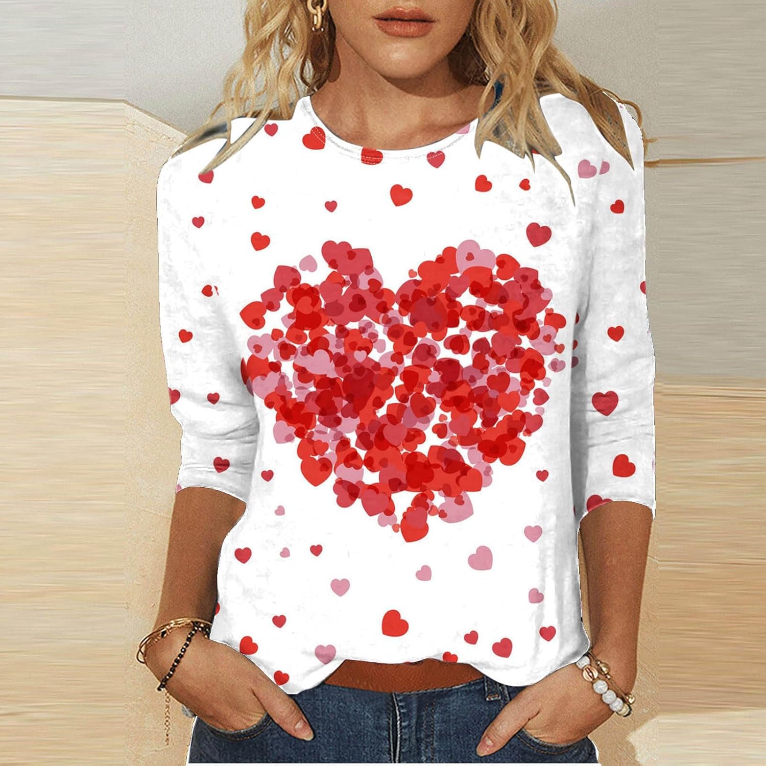 Valentines Day Shirts Women for 2025 Trendy Crew Neck 3/4 Sleeve Summer Heart Print Loose Fit Tunics Plus Size Tees Graphic Blouses Boho Tops Teacher Going Out Classy Outfits Y2K Fashion Flowy Log in