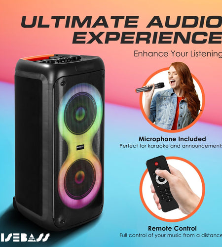Portable Karaoke Machine with 2 Wireless Mics, Daul 8" Speakers, LED Lights, PA System, Remote, Bass/Treble Adjustment, SD Card/USB, REC Rolling Wheels and Trolley, Auto ducking Function.
