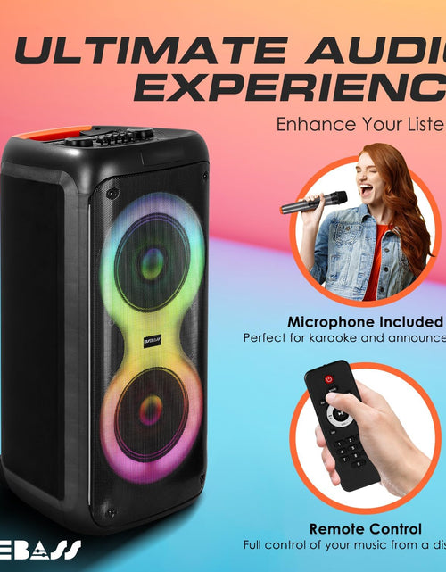 Load image into Gallery viewer, Portable Karaoke Machine with 2 Wireless Mics, Daul 8" Speakers, LED Lights, PA System, Remote, Bass/Treble Adjustment, SD Card/USB, REC Rolling Wheels and Trolley, Auto ducking Function.
