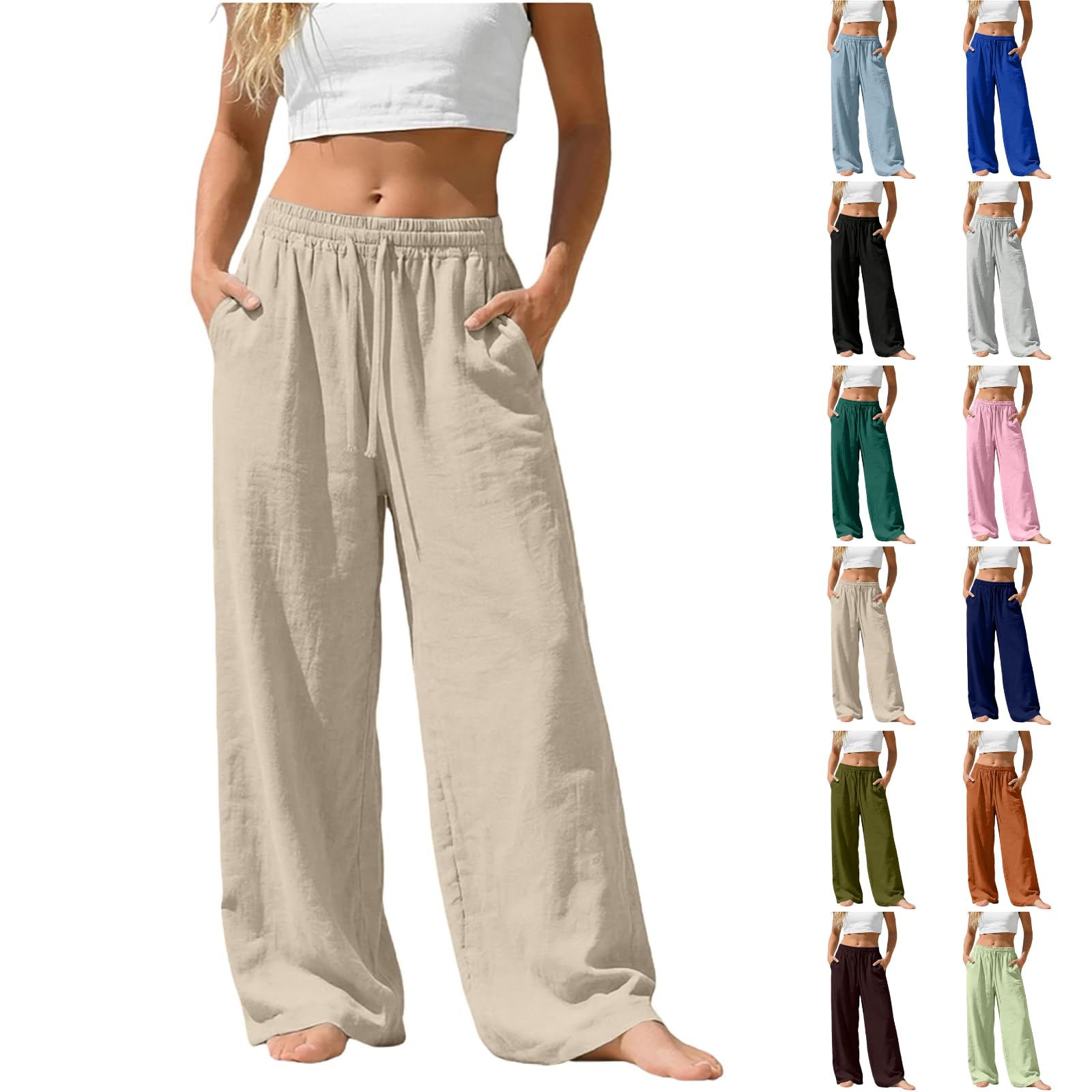 Linen Pants for Women - Wide Leg Elastic High Waist Casual Cotton Linen Pants Drawstring Plus Size Loose Trouser
