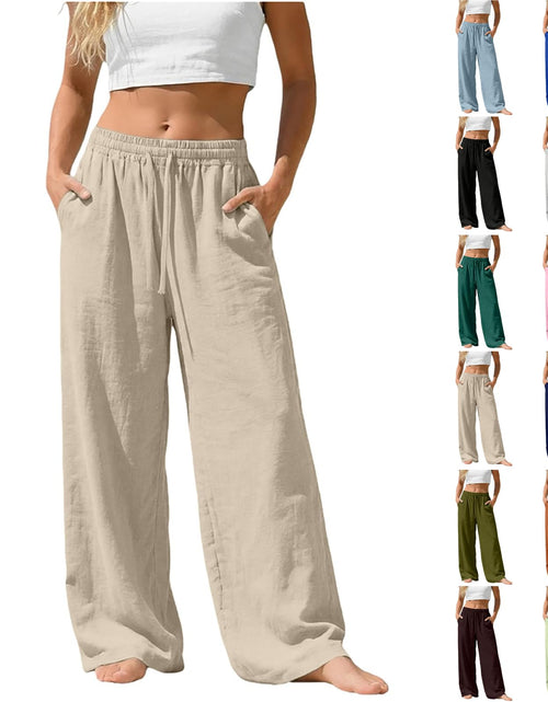 Load image into Gallery viewer, Linen Pants for Women - Wide Leg Elastic High Waist Casual Cotton Linen Pants Drawstring Plus Size Loose Trouser
