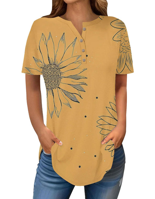 Load image into Gallery viewer, Henley Shirts for Women Buttons Round Neck Boho T-Shirts Short Sleeve Fancy Floral Print Tunic Tops Summer Loose Tees
