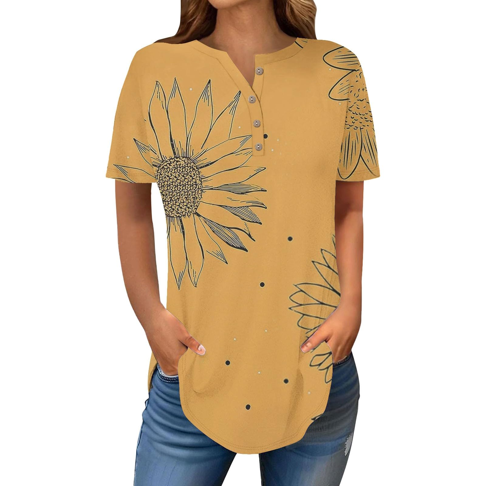 Henley Shirts for Women Buttons Round Neck Boho T-Shirts Short Sleeve Fancy Floral Print Tunic Tops Summer Loose Tees
