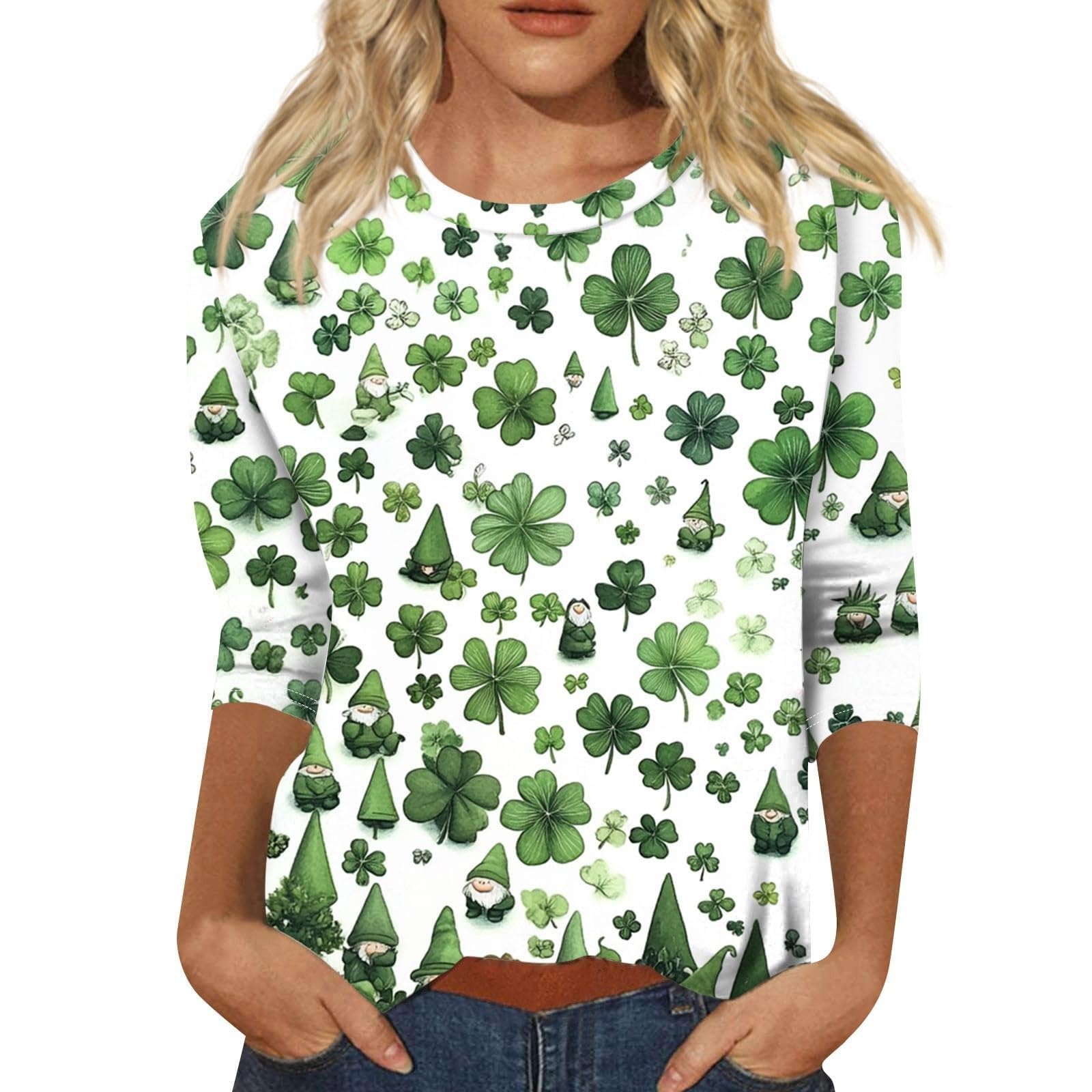St Patricks Day Shirt Women 2025 Casual Plus Size 3/4 Sleeve Irish Clover Shirts Funny Saint Patrick's Tunic Tops
