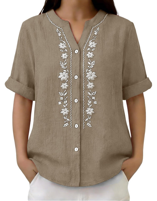 Load image into Gallery viewer, Linen Shirts for Women - Summer Plus Size Embroidered Tops 3/4 Sleeve V Neck Button Blouses Beach Vacation Clothes
