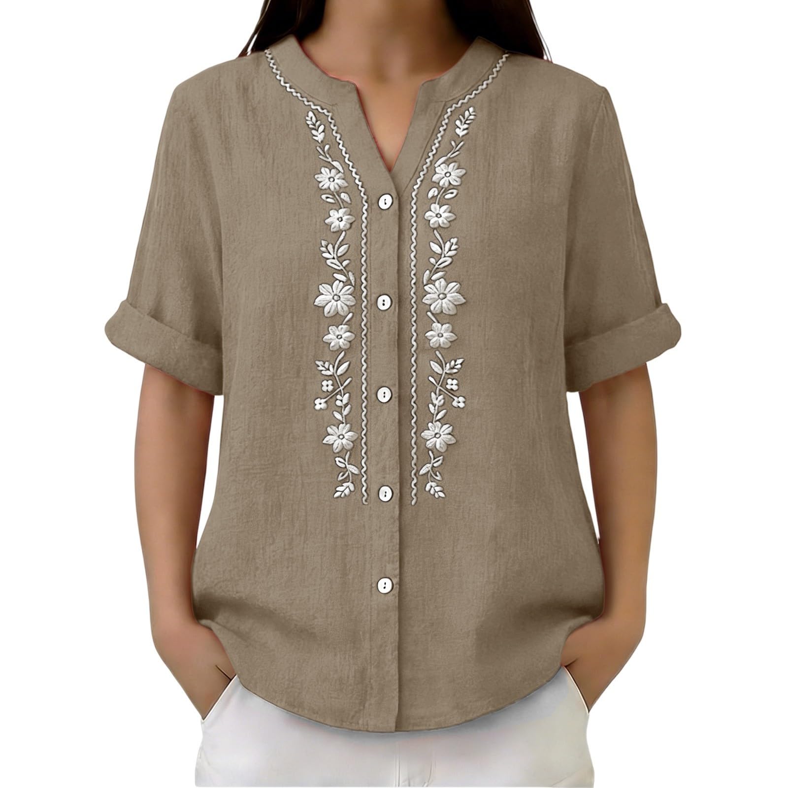 Linen Shirts for Women - Summer Plus Size Embroidered Tops 3/4 Sleeve V Neck Button Blouses Beach Vacation Clothes