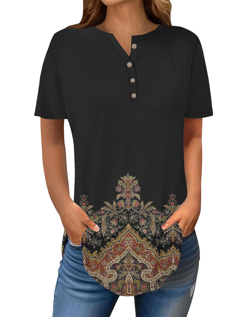 Load image into Gallery viewer, Henley Shirts for Women Buttons Round Neck Boho T-Shirts Short Sleeve Fancy Floral Print Tunic Tops Summer Loose Tees
