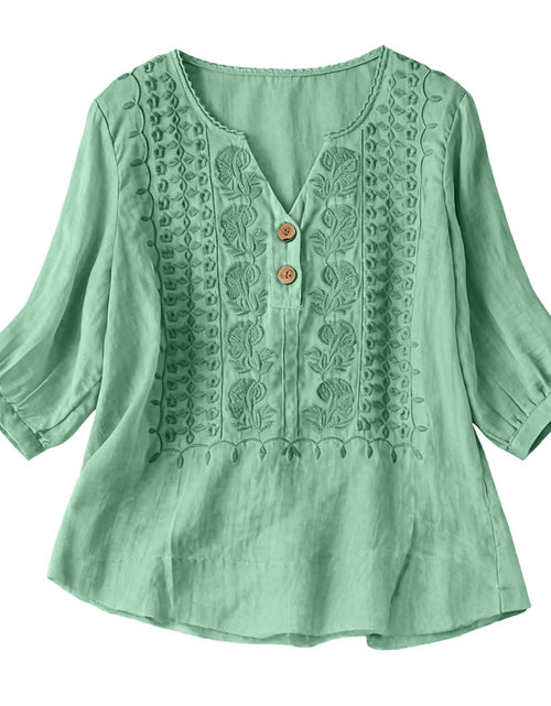 Load image into Gallery viewer, Embroidered Linen Shirts for Women 3/4 Sleeve Gauze V Neck Blouses Tops Casual Spring Summer Boho Cotton Clothes
