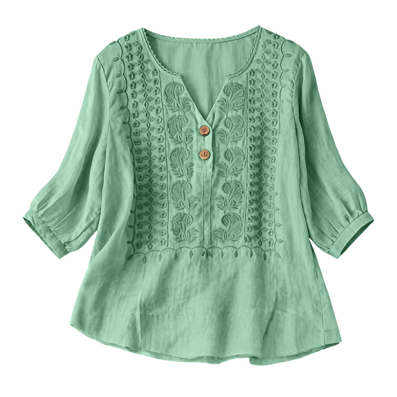 Embroidered Linen Shirts for Women 3/4 Sleeve Gauze V Neck Blouses Tops Casual Spring Summer Boho Cotton Clothes