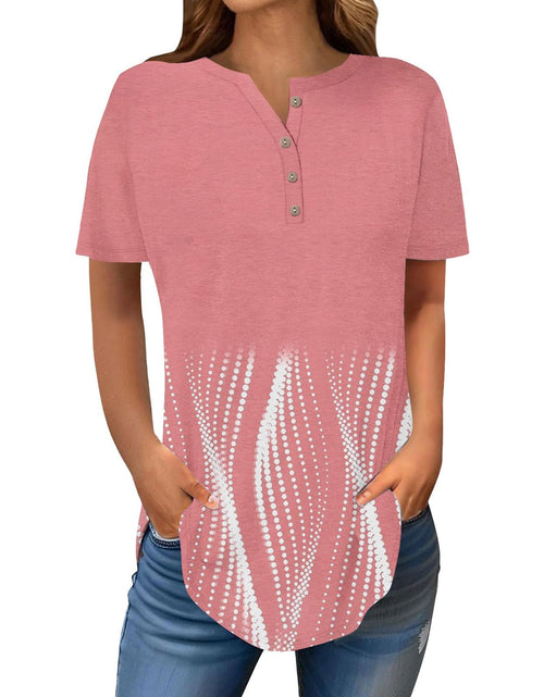 Load image into Gallery viewer, Henley Shirts for Women Buttons Round Neck Boho T-Shirts Short Sleeve Fancy Floral Print Tunic Tops Summer Loose Tees
