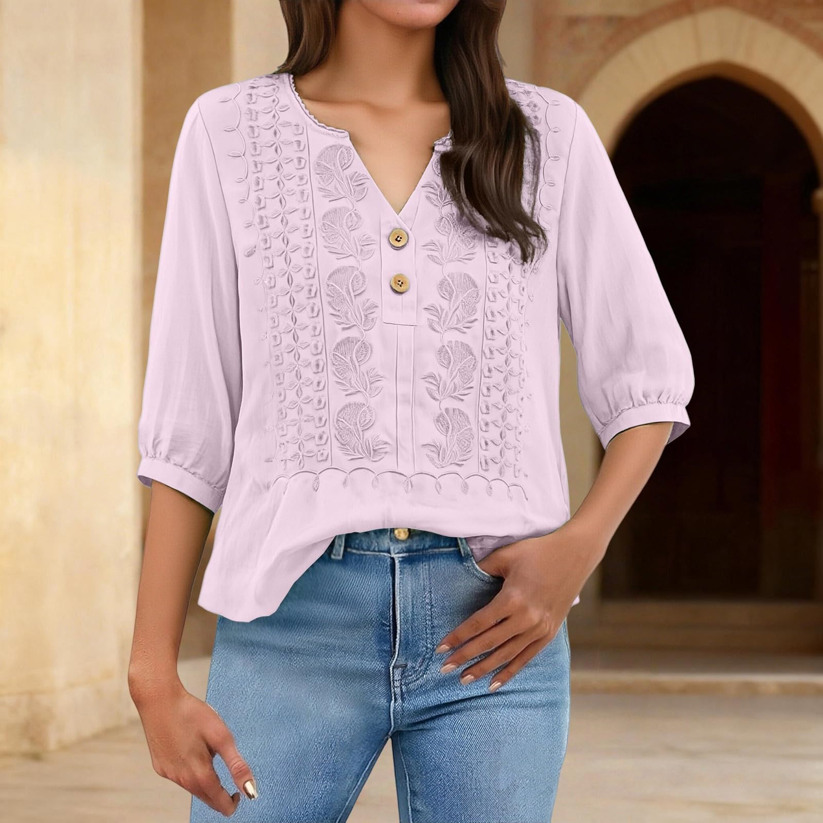 Embroidered Linen Shirts for Women 3/4 Sleeve Gauze V Neck Blouses Tops Casual Spring Summer Boho Cotton Clothes