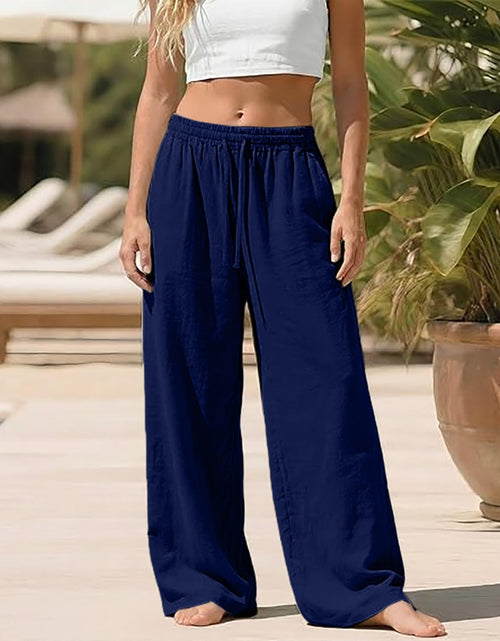 Load image into Gallery viewer, Linen Pants for Women - Wide Leg Elastic High Waist Casual Cotton Linen Pants Drawstring Plus Size Loose Trouser
