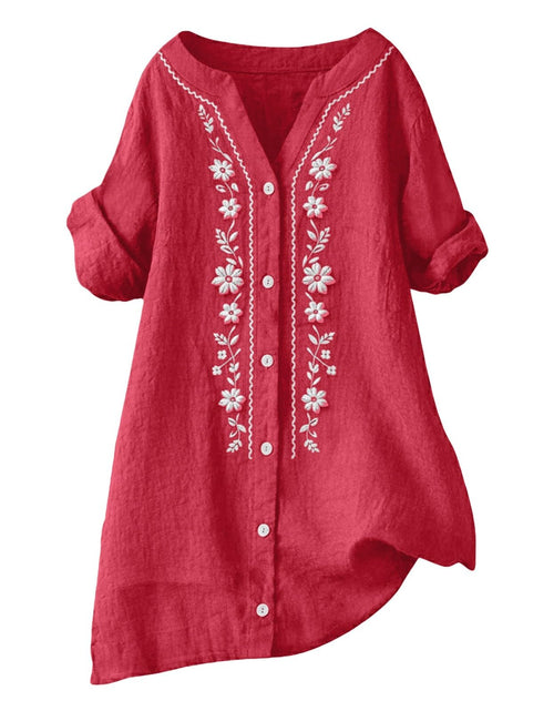 Load image into Gallery viewer, Linen Shirts for Women - Summer Plus Size Embroidered Tops 3/4 Sleeve V Neck Button Blouses Beach Vacation Clothes
