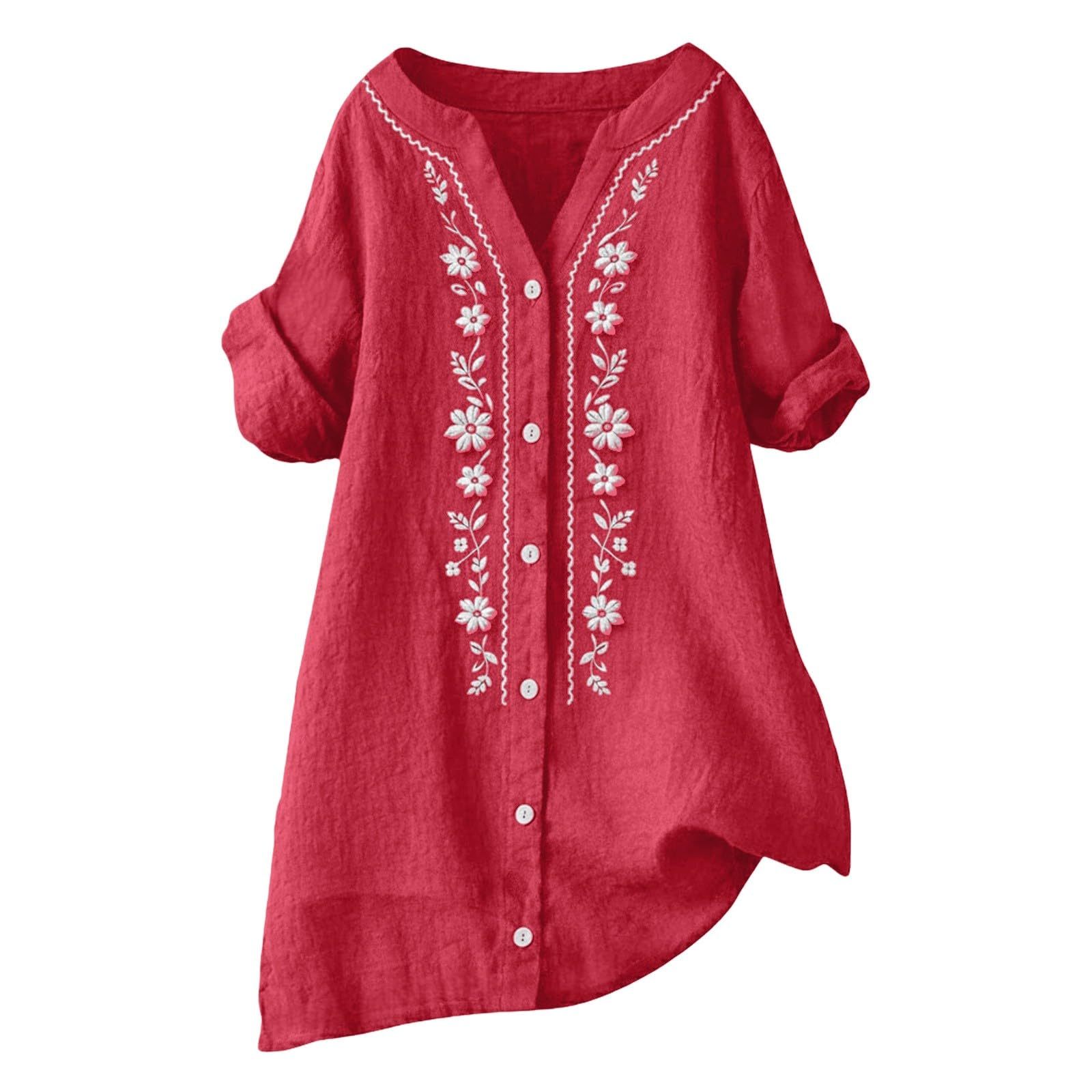 Linen Shirts for Women - Summer Plus Size Embroidered Tops 3/4 Sleeve V Neck Button Blouses Beach Vacation Clothes