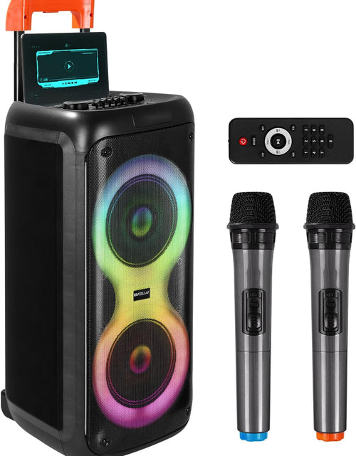 Load image into Gallery viewer, Portable Karaoke Machine with 2 Wireless Mics, Daul 8" Speakers, LED Lights, PA System, Remote, Bass/Treble Adjustment, SD Card/USB, REC Rolling Wheels and Trolley, Auto ducking Function.
