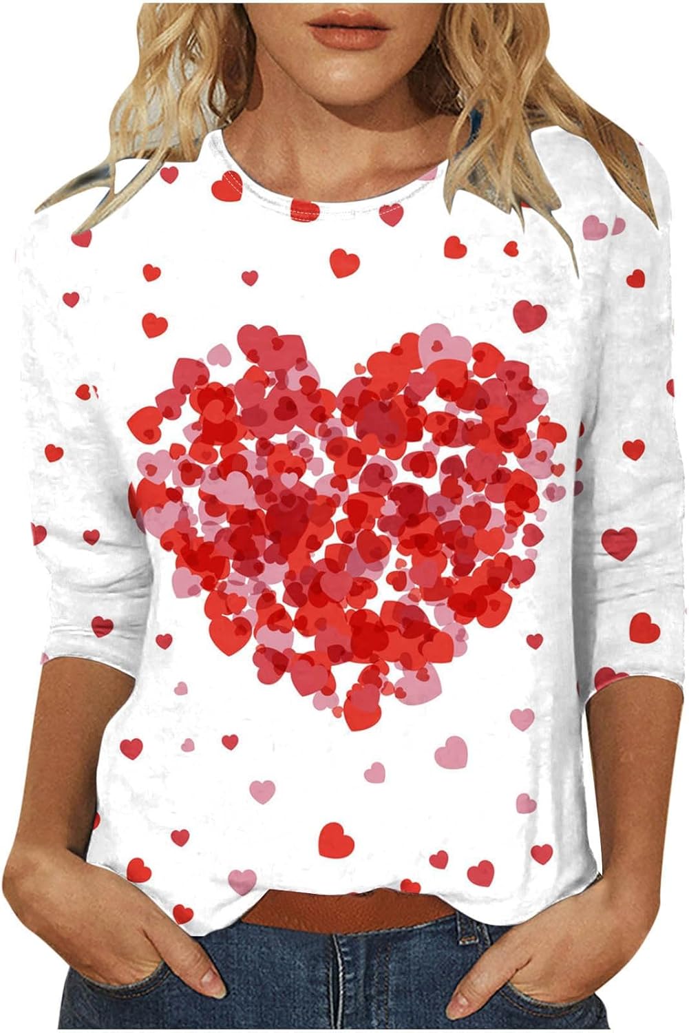 Valentines Day Shirts Women for 2025 Trendy Crew Neck 3/4 Sleeve Summer Heart Print Loose Fit Tunics Plus Size Tees Graphic Blouses Boho Tops Teacher Going Out Classy Outfits Y2K Fashion Flowy Log in