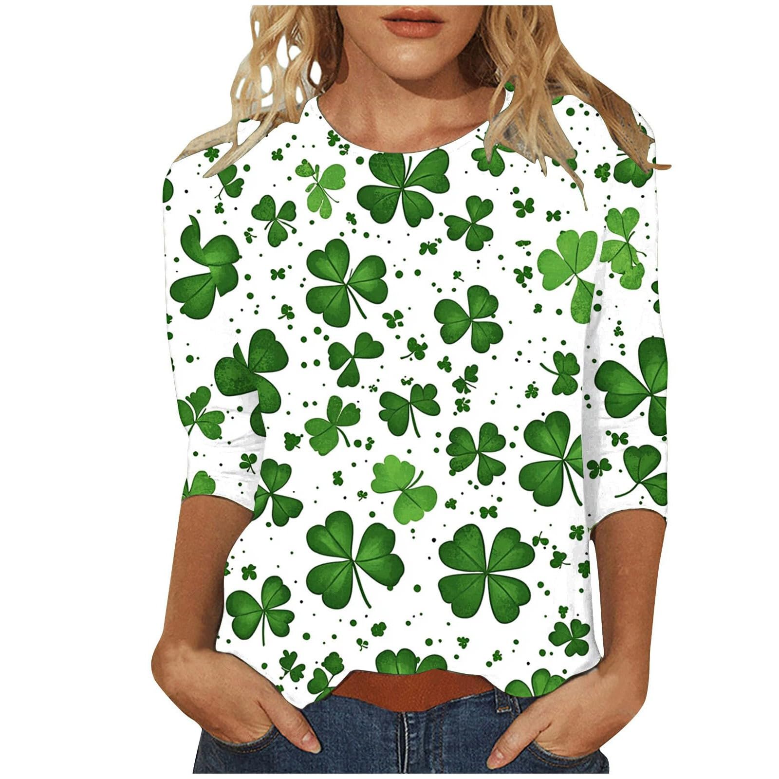 St Patricks Day Shirt Women 2025 Casual Plus Size 3/4 Sleeve Irish Clover Shirts Funny Saint Patrick's Tunic Tops