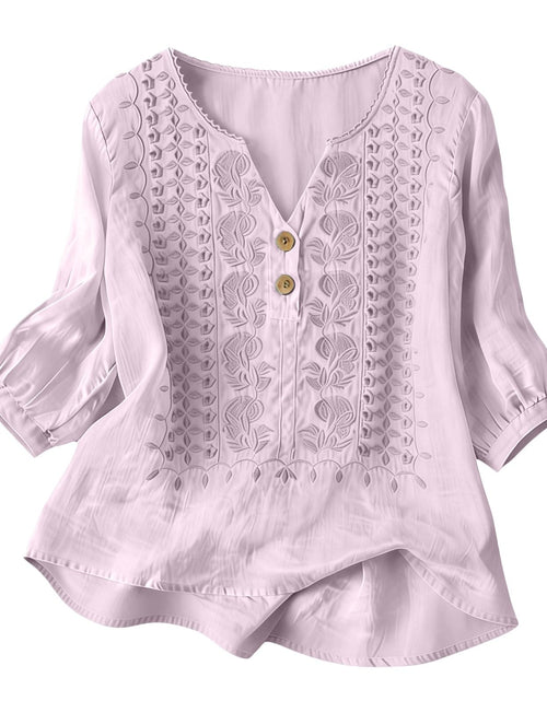 Load image into Gallery viewer, Embroidered Linen Shirts for Women 3/4 Sleeve Gauze V Neck Blouses Tops Casual Spring Summer Boho Cotton Clothes
