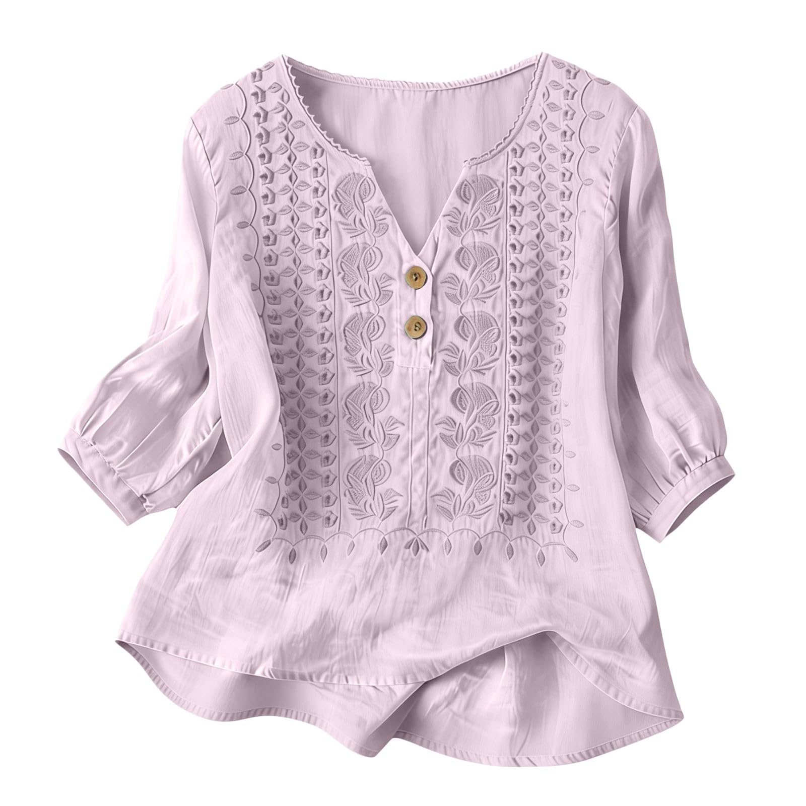 Embroidered Linen Shirts for Women 3/4 Sleeve Gauze V Neck Blouses Tops Casual Spring Summer Boho Cotton Clothes