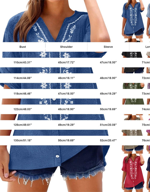 Load image into Gallery viewer, Linen Shirts for Women - Summer Plus Size Embroidered Tops 3/4 Sleeve V Neck Button Blouses Beach Vacation Clothes
