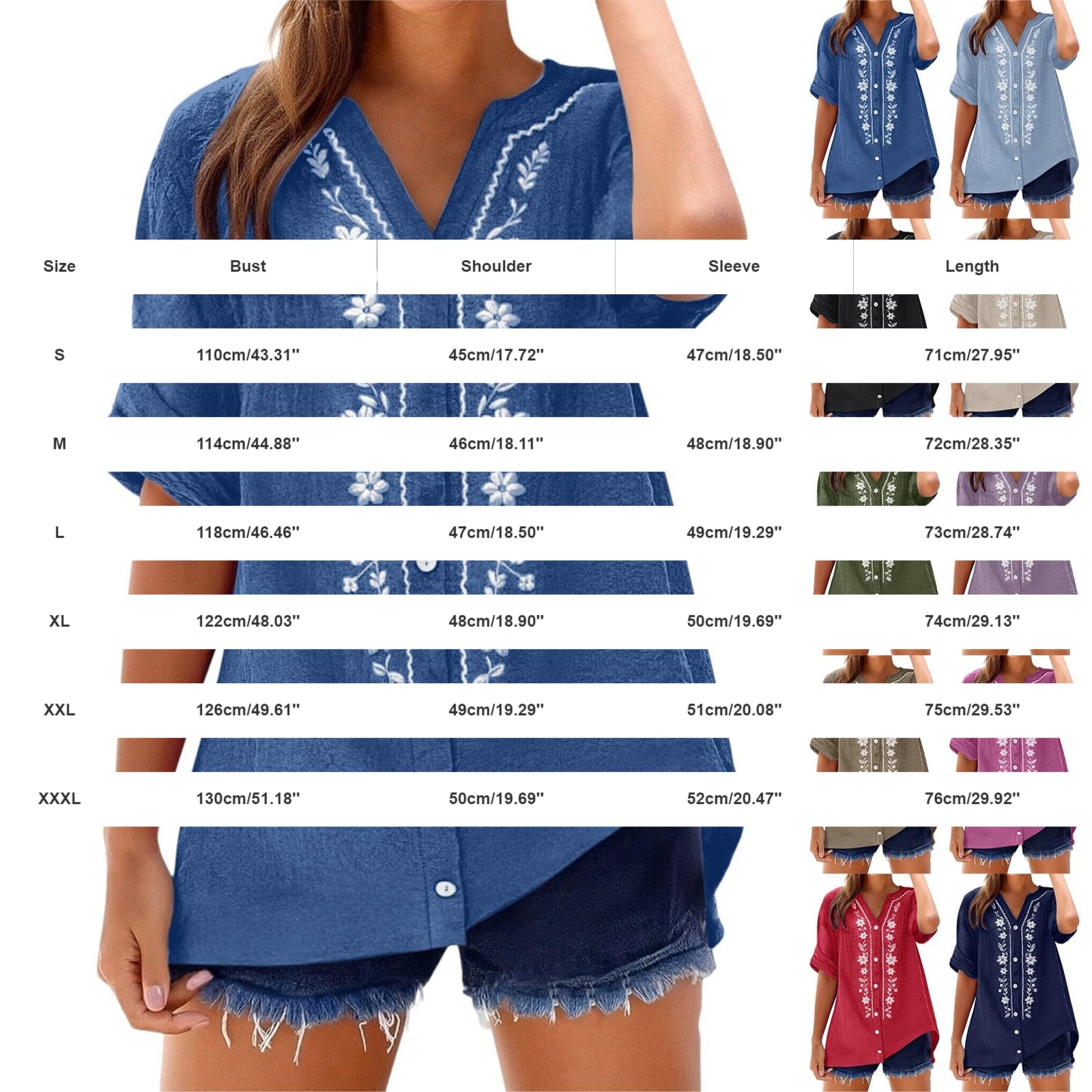 Linen Shirts for Women - Summer Plus Size Embroidered Tops 3/4 Sleeve V Neck Button Blouses Beach Vacation Clothes