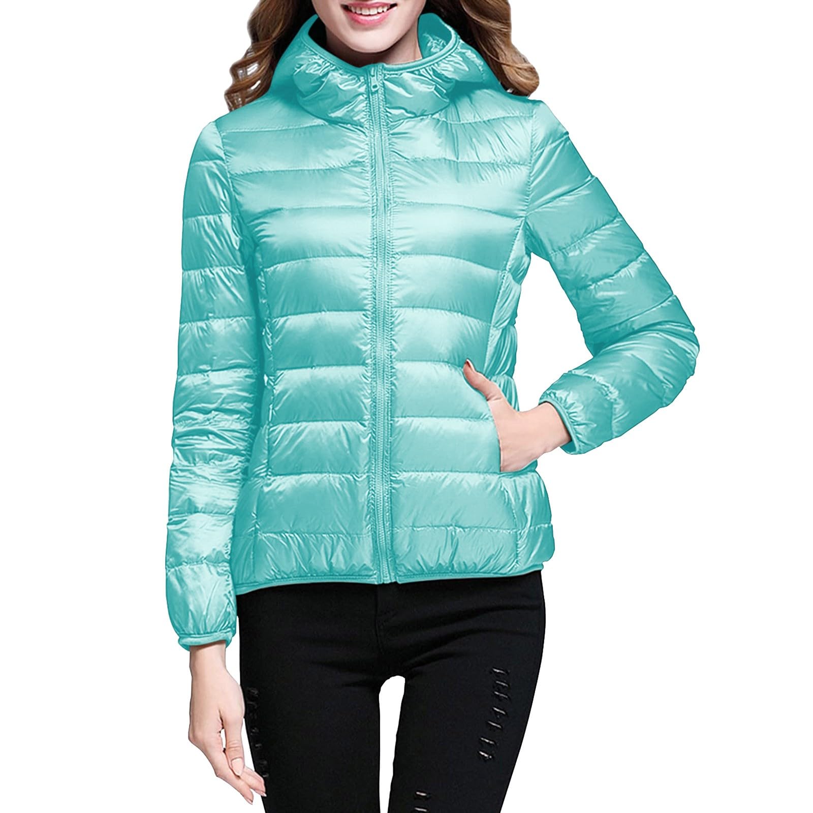 Lightweight Jacket for Women Short Button Down Hooded Jackets Trendy Slim Fit Bubble Coat Winter Warm Puffer Outwear