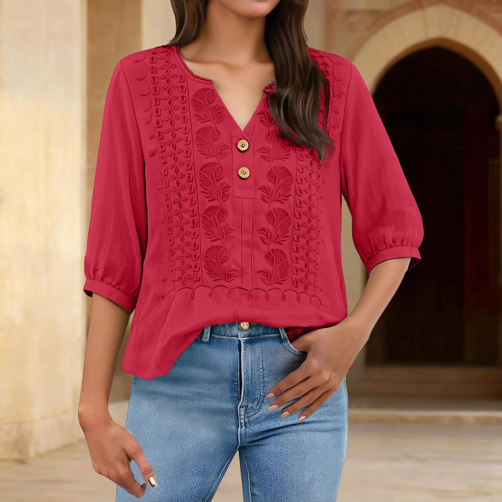 Embroidered Linen Shirts for Women 3/4 Sleeve Gauze V Neck Blouses Tops Casual Spring Summer Boho Cotton Clothes