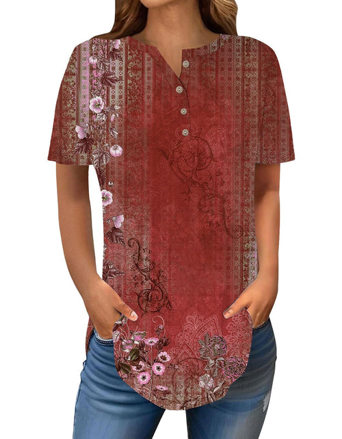 Load image into Gallery viewer, Henley Shirts for Women Buttons Round Neck Boho T-Shirts Short Sleeve Fancy Floral Print Tunic Tops Summer Loose Tees
