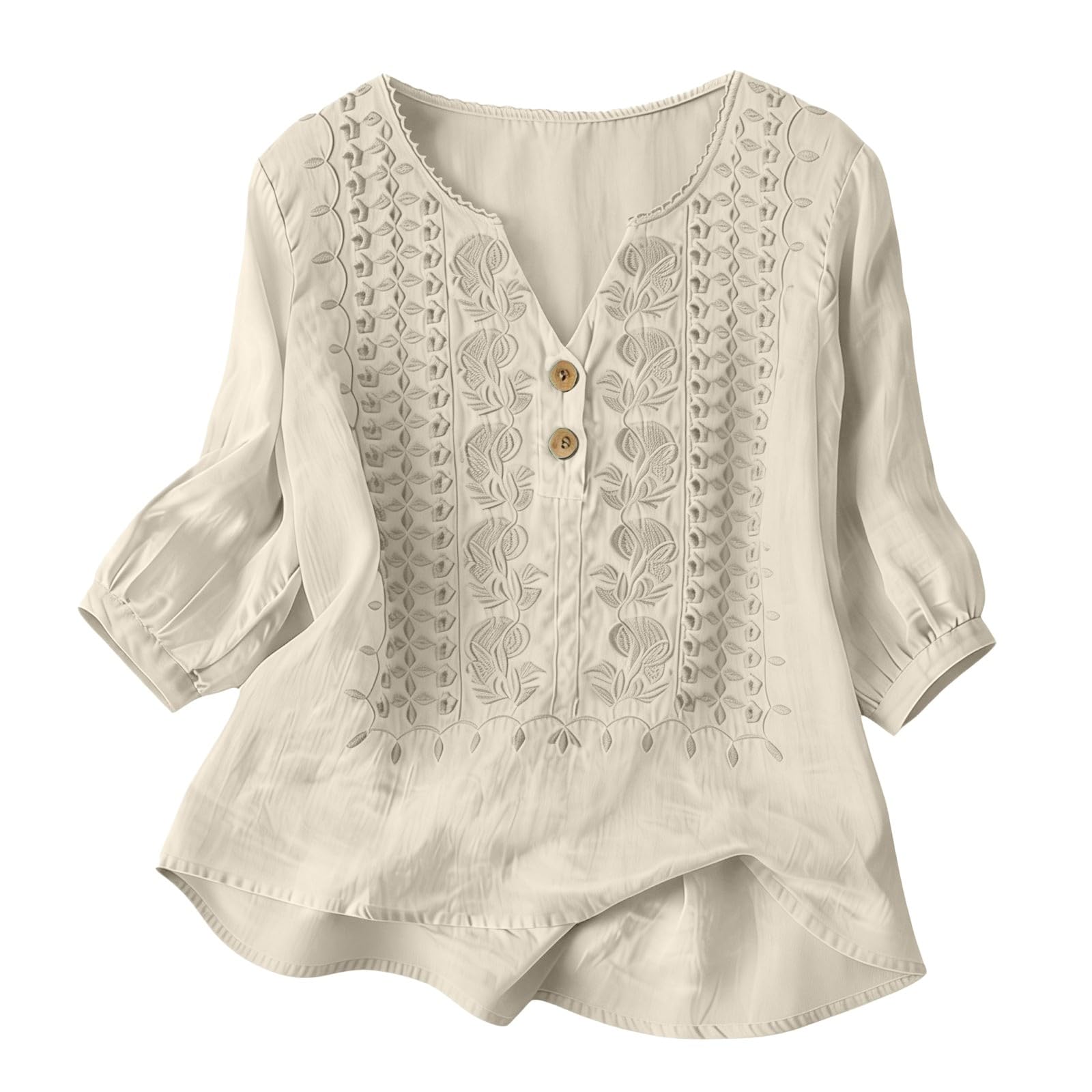 Embroidered Linen Shirts for Women 3/4 Sleeve Gauze V Neck Blouses Tops Casual Spring Summer Boho Cotton Clothes