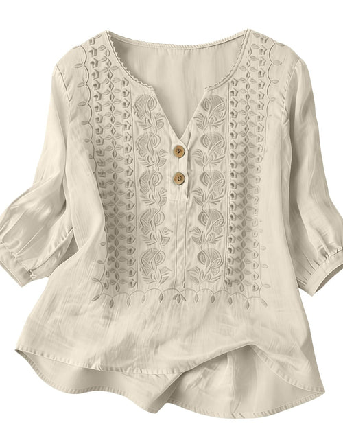 Load image into Gallery viewer, Embroidered Linen Shirts for Women 3/4 Sleeve Gauze V Neck Blouses Tops Casual Spring Summer Boho Cotton Clothes
