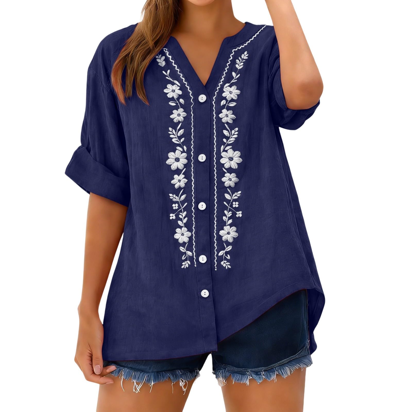 Linen Shirts for Women - Summer Plus Size Embroidered Tops 3/4 Sleeve V Neck Button Blouses Beach Vacation Clothes