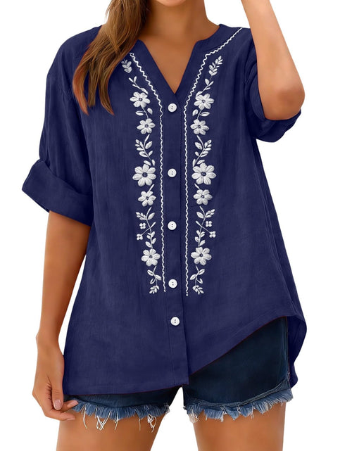 Load image into Gallery viewer, Linen Shirts for Women - Summer Plus Size Embroidered Tops 3/4 Sleeve V Neck Button Blouses Beach Vacation Clothes
