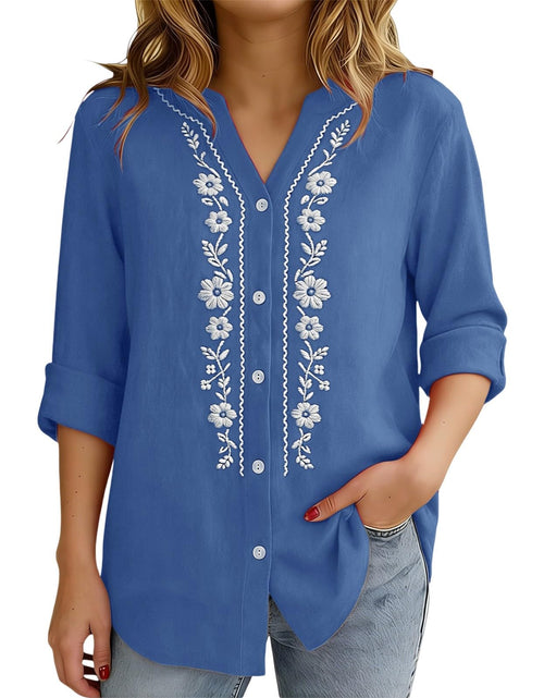 Load image into Gallery viewer, Linen Shirts for Women - Summer Plus Size Embroidered Tops 3/4 Sleeve V Neck Button Blouses Beach Vacation Clothes

