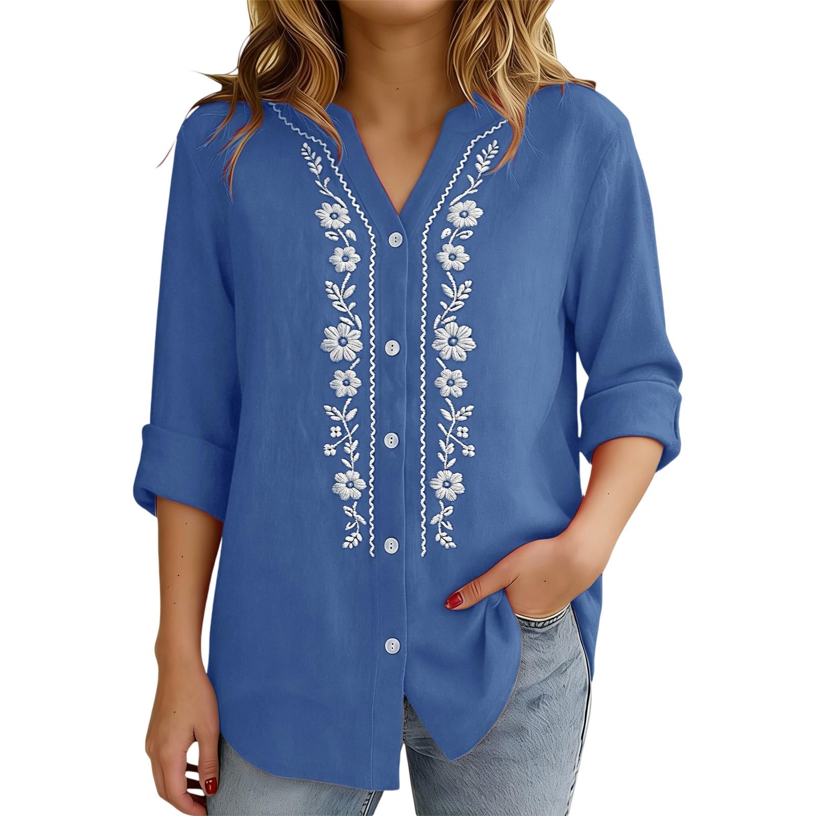 Linen Shirts for Women - Summer Plus Size Embroidered Tops 3/4 Sleeve V Neck Button Blouses Beach Vacation Clothes