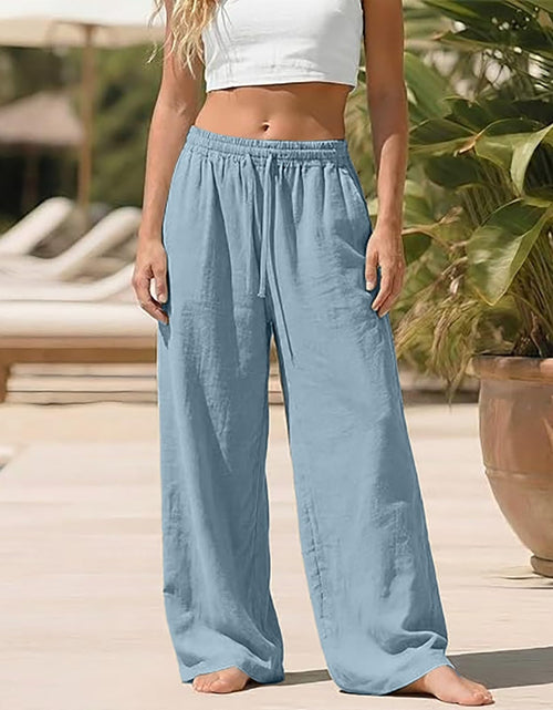 Load image into Gallery viewer, Linen Pants for Women - Wide Leg Elastic High Waist Casual Cotton Linen Pants Drawstring Plus Size Loose Trouser
