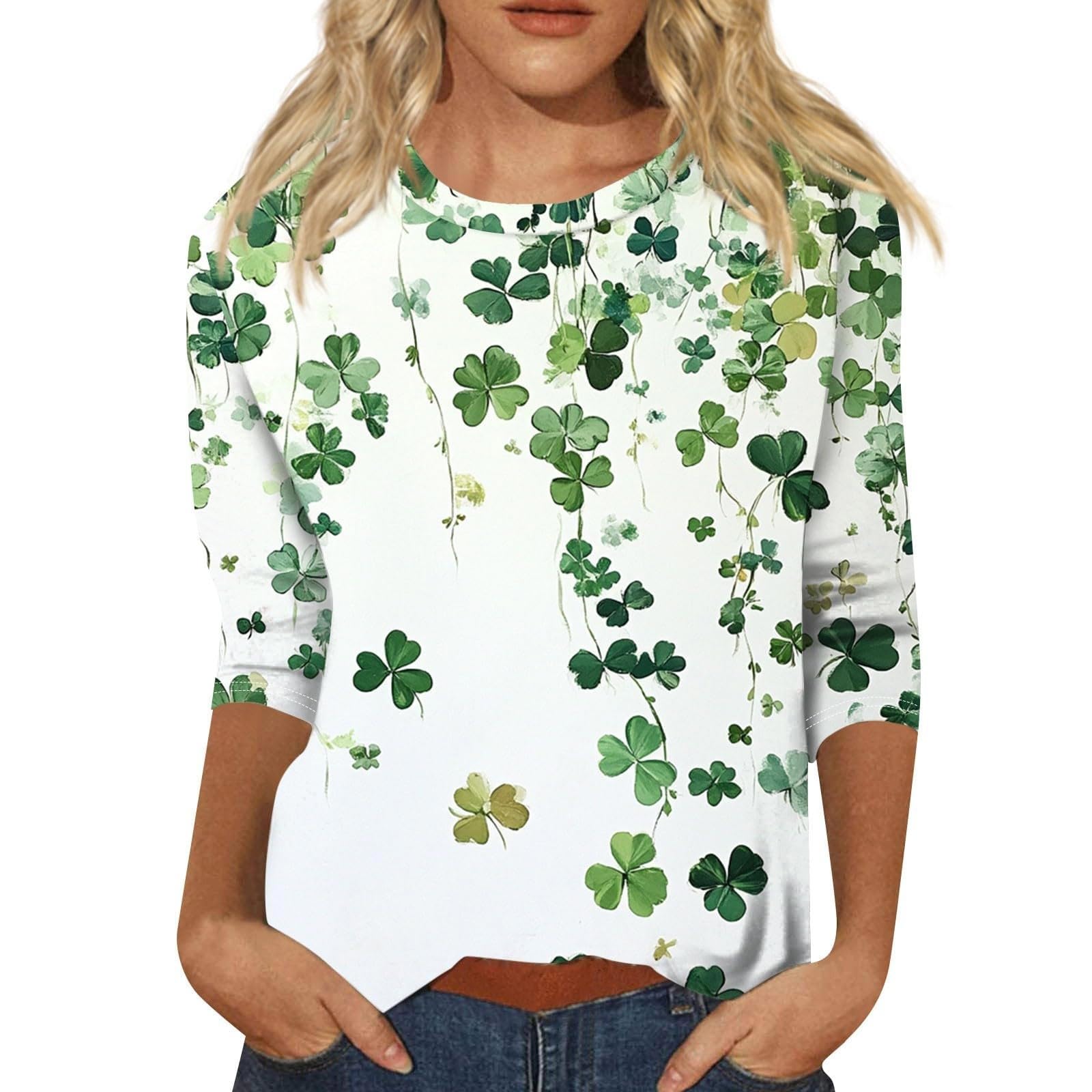 St Patricks Day Shirt Women 2025 Casual Plus Size 3/4 Sleeve Irish Clover Shirts Funny Saint Patrick's Tunic Tops