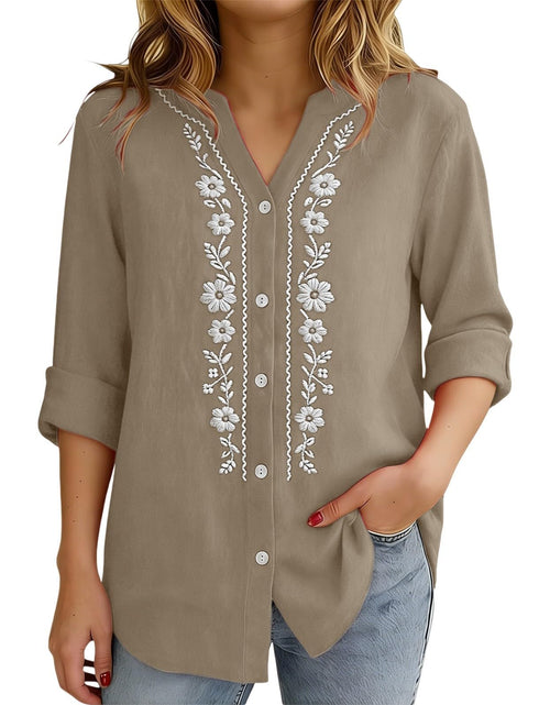 Load image into Gallery viewer, Linen Shirts for Women - Summer Plus Size Embroidered Tops 3/4 Sleeve V Neck Button Blouses Beach Vacation Clothes
